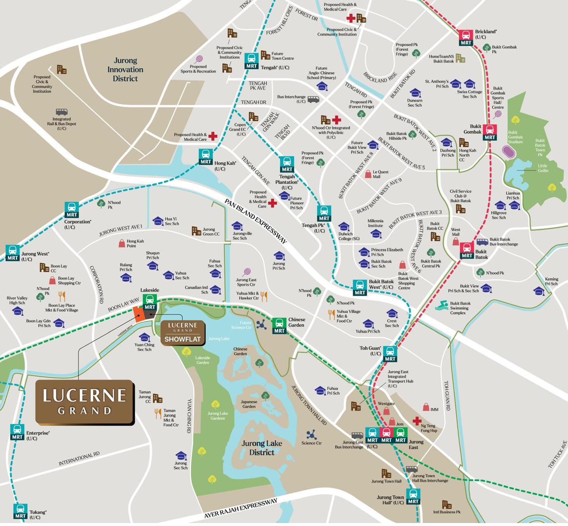 Lucerne Grand location map showing Lakeside MRT, Jurong Lake Gardens, schools and surrounding amenities