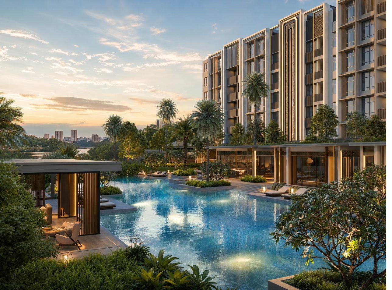 Lucerne Grand resort-style swimming pool and landscaped garden at Lakeside Drive